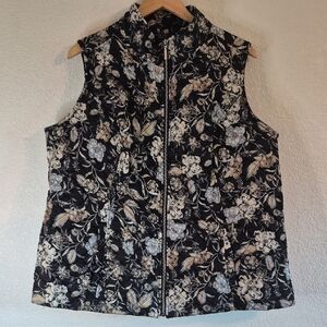 Susan Graver WEEKEND Quilted Black Cream Floral Vest Full Zip Pockets Sz 20W HTF